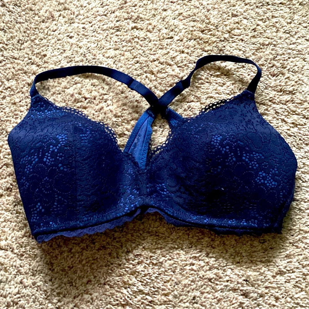 Aerie 34D racerback bralette wireless lightly lined navy lace